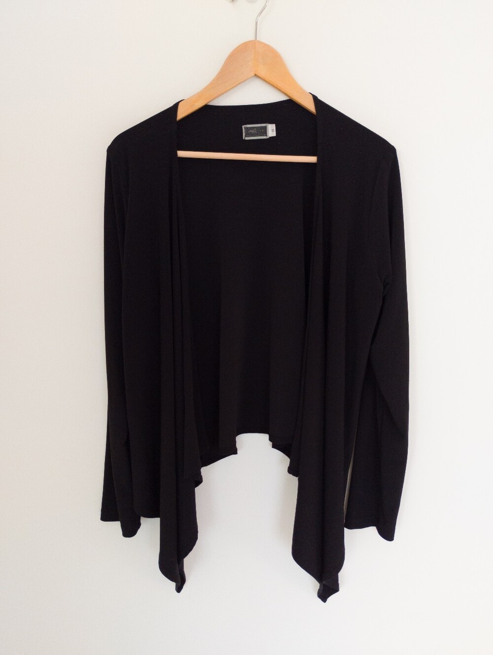 Sympli Grand Cascade Cardigan Black Size 14 Draped Open Front Made in Canada